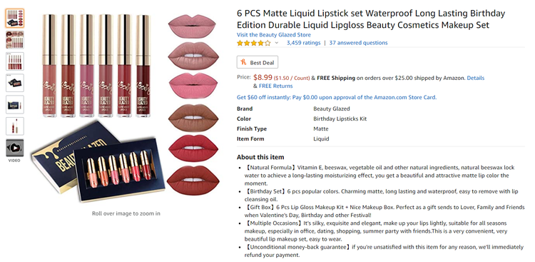 Liquid lipstick product listing on Amazon