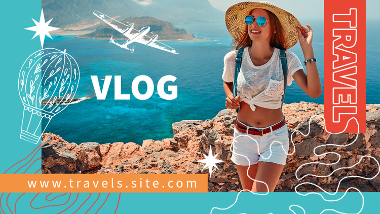 A YouTube banner for a travel vlogger with an image of a person standing in front of a body of water with various line graphics