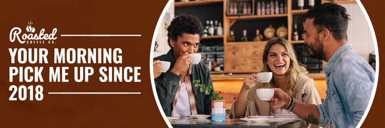 A Twitter banner for Roasted Coffee Co. "Your morning pick me up since 2018" with an image of 3 people drinking from coffee mugs