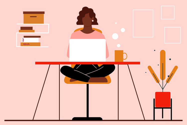 A graphic of a blogger sitting at their desk working on their computer with a cup of coffee next to them