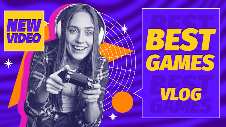 A channel banner for a gaming vlogger that says "Best Games Vlog – New Video" with a person smiling and holding a gaming controller