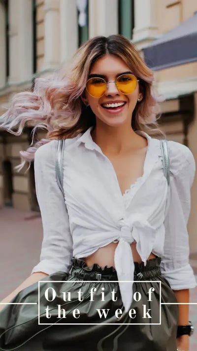 An Instagram reel of a person promoting their outfit of the week posing on a sidewalk wearing orange sunglasses and a white tied shirt