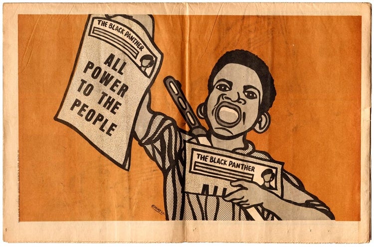 An illustrated newsprint cover featuring a Black woman distibuting copies of The Black Panther newspaper printed with the text "All Power to the People."