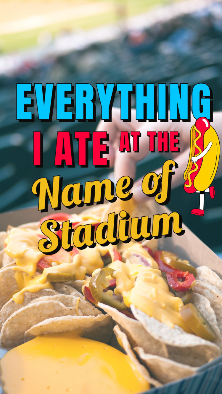 A social media influencer's post highlighting everything they ate at the sports game they attended with an image of nachos in the background