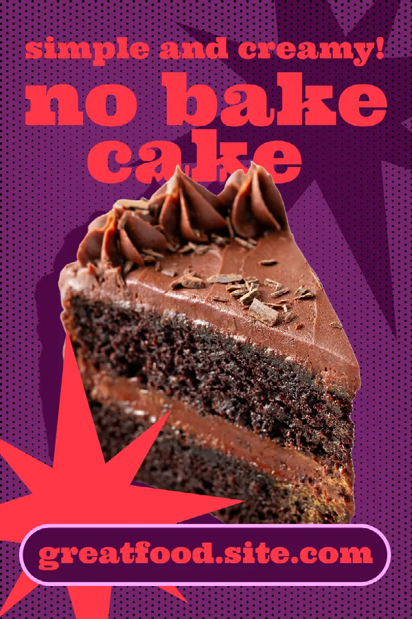 A Pinterest social media marketing ad for a simple and creamy no bake cake with website information and a picture of a slice of cake