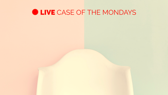 Zoom background with the top half of a chair and a recording symbol that says "Live case of the Mondays"