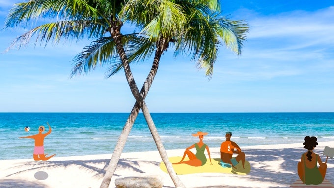 Zoom background of a white sandy beach with two palm trees crossing and icons of various beach-goers Description automatically generated