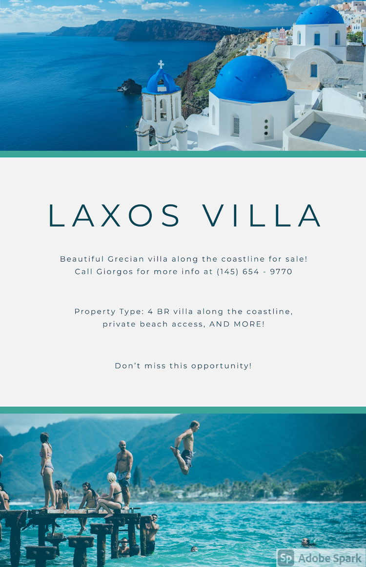 Adobe Spark real estate flyer template featuring a Grecian villa
