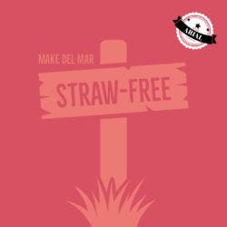 A red graphic featuring the illustration of a sign with the text "Straw-free".