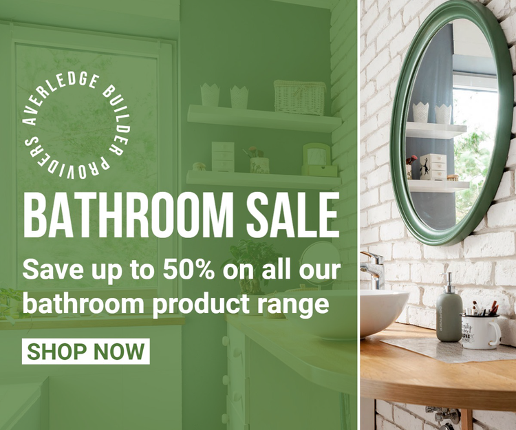 A square banner ad for a bathroom sale where you can save up to 50% on bathroom products