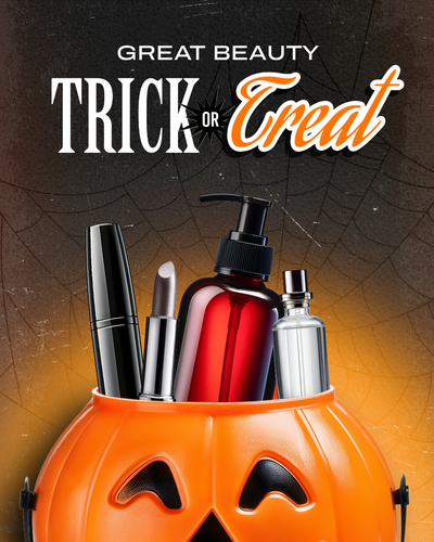 Great beauty trick or treat halloween template featuring a pumpkin with beauty supplies poking out the top
