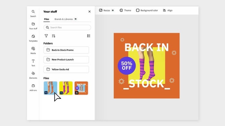 The clicker selects a Photoshop file to add from files stored in Your stuff || edit-photoshop-and-illustrator-files_step3_900x506.jpg
