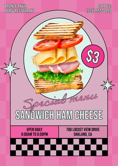 Attention grabbing layout of daily restuarant special with a huge sandwich