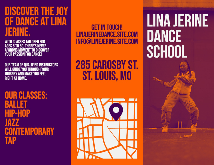 A brochure created by a content creator for the Lina Jerine Dance School with relevant class and studio information