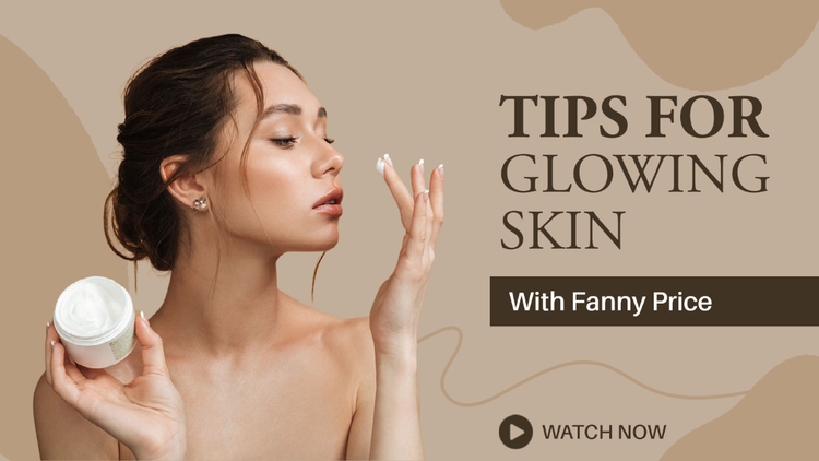 A YouTube social media marketing thumbnail promoting tips for glowing skin with a person applying a skin product to their face