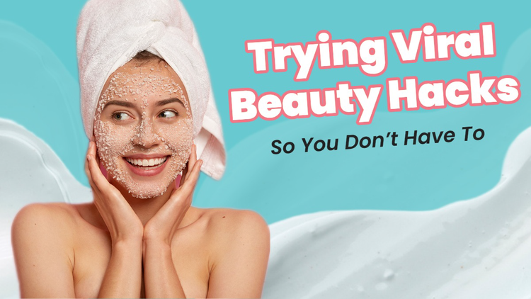 "Trying Viral Beauty Hacks So You Don't Have To" YouTube banner with a person wearing a skincare face mask and a hair towel smiling