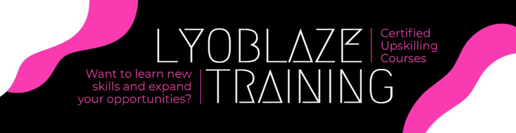 A LinkedIn background photo with an abstract black, pink, and white pattern for Lyoblaze Training