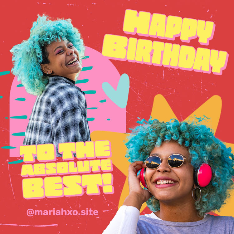 "Happy Birthday to the absolute best!" Instagram post with two cutouts of a person with blue hair smiling against a multicolored background