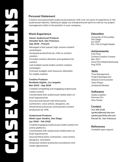 Black and white professional resume for an audiovisual producer with a sans serif font