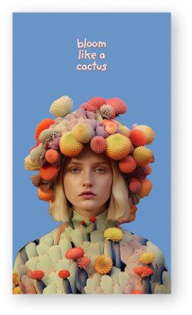 A woman wears a vibrant headdress of cactus flowers in orange and yellow hues. Text reads