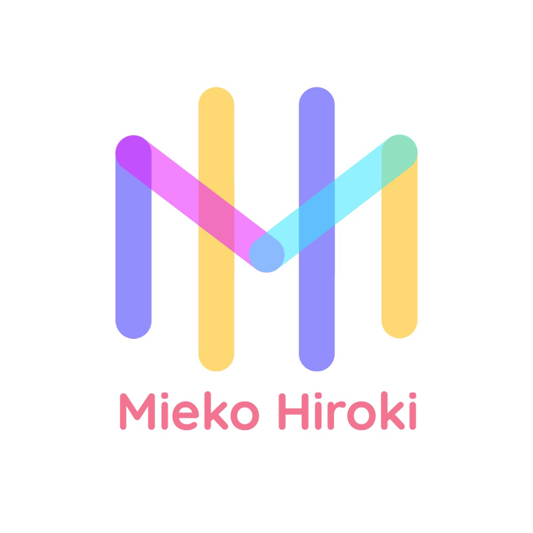 Meiko Hiroki monogram logo in the font Quicksand with an abstract multi-colored MH