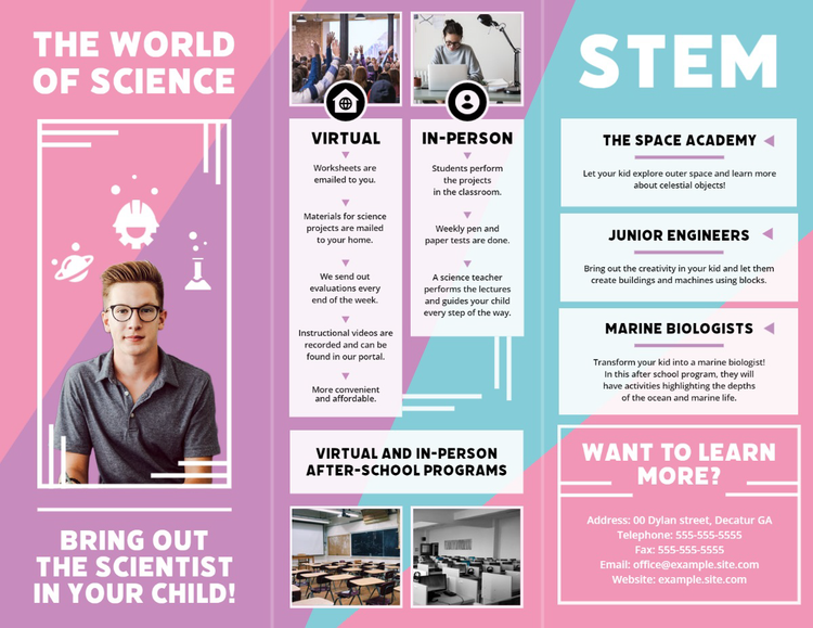 A brochure for a STEM program written with geometric headers and a friendly body text