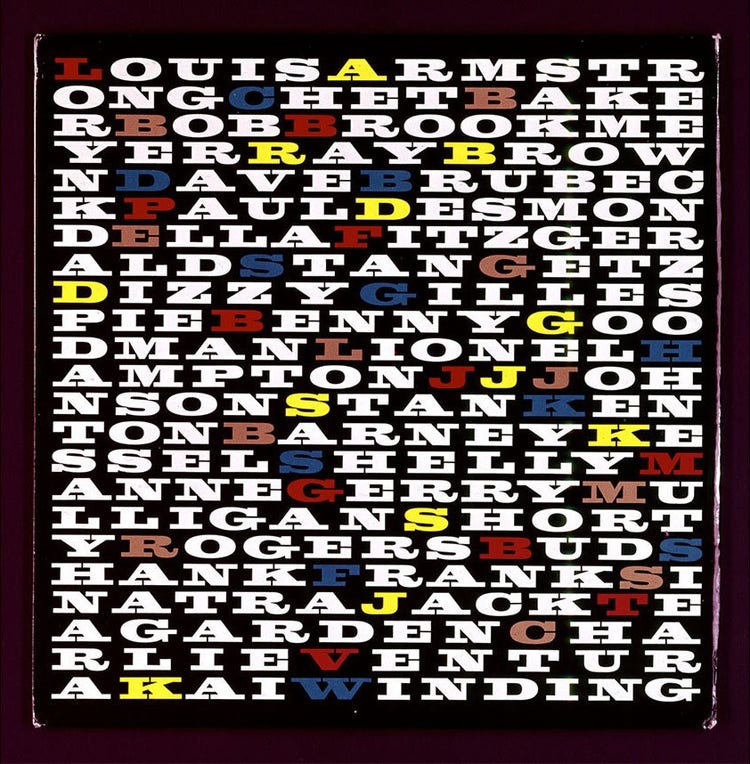 Emmet McBain-designed Playboy Jazz All Stars album cover 1958 An album sleeve with the names of featured artists printed from top to bottom in the same font, which wraps. Each first and last intial of the names is in red, yellow, blue, or brown, while the rest of the letters are white.