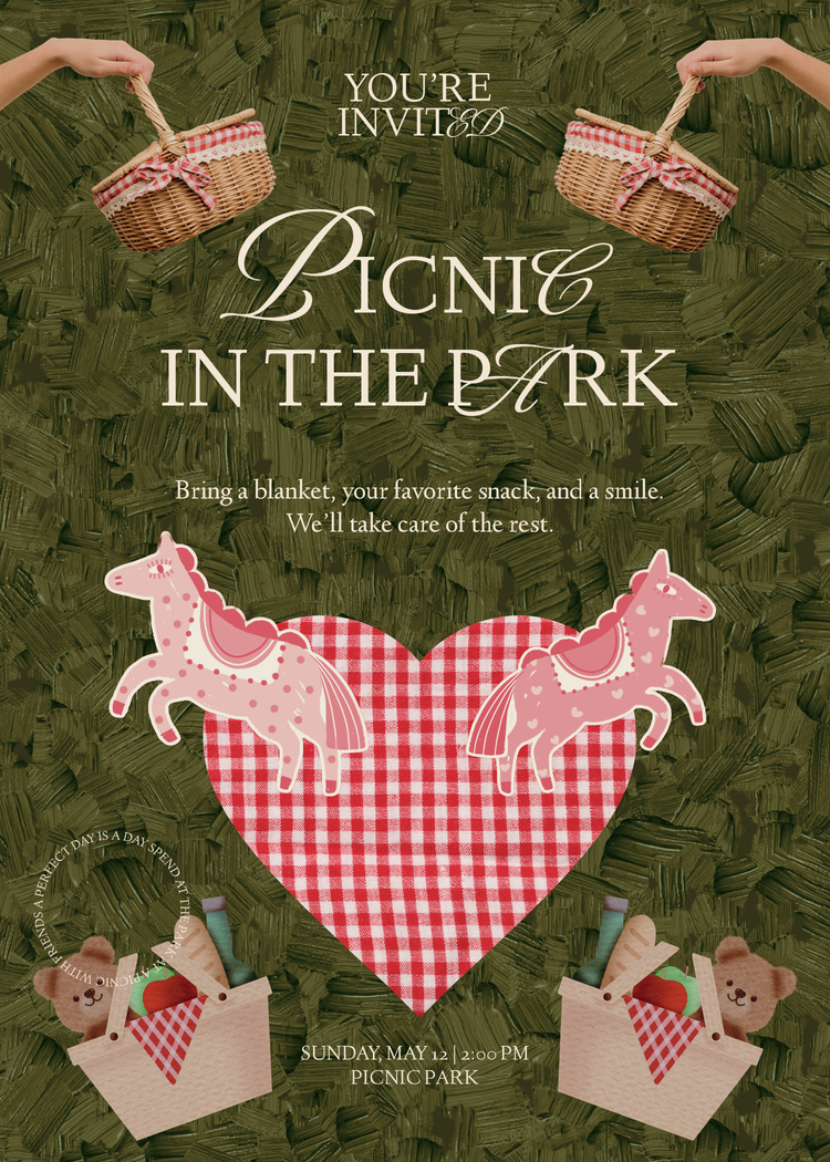 picnic baskets around a gingham heart over a green background