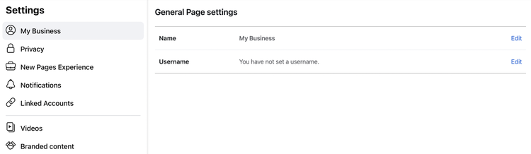 لقطة شاشة توضح كيفية تخصيص عنوان URL لصفحة أعمال Facebook الخاصة بك