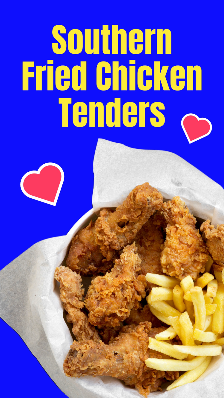 A TikTok about southern fried chicken tenders with an image of the food against a dark blue background with pink hearts