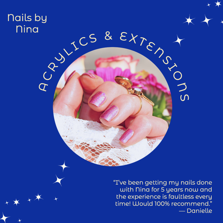 Nails by Nina Acrylics & Extensions" Instagram post with sparkly pink nails against a blue background with a customer review