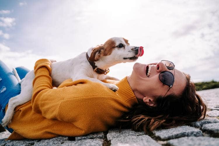 International dog day header image - woman in yellow jumper lying down with small dog