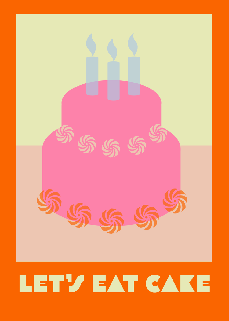 "Let's eat cake" birthday card with a cake with lit candles