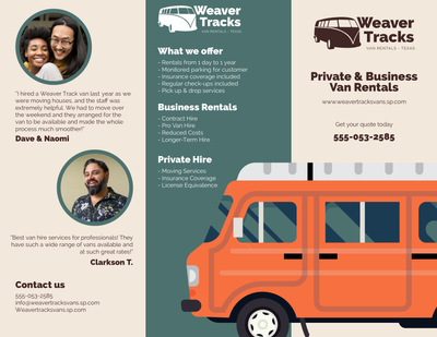 A brochure for private & business van rentals written with geometric headers and a friendly body text