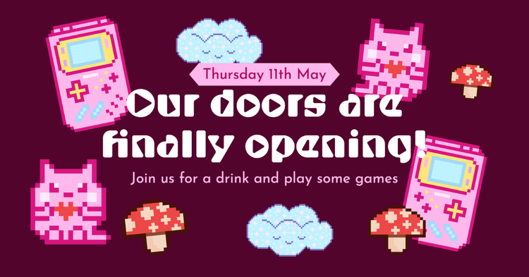"Thursday 11th May Our doors are finally opening! Join us for a drink and play some games" Facebook cover with pixelated graphics