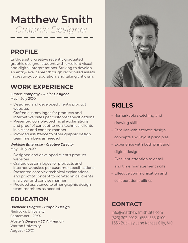 Black, pink, and beige professional resume for a graphic designer with sans serif fonts