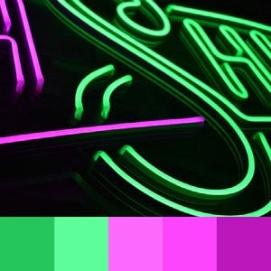 A color palette created from an image of a green and pink neon sign