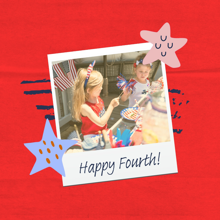 "Happy Fourth!" Instagram post with a polaroid photo of two kits playing against a red background with blue and pink stars