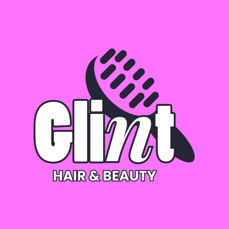 A Facebook Business Page logo for the hair & beauty company Clint with a graphic of a hairbrush against a hot pink background