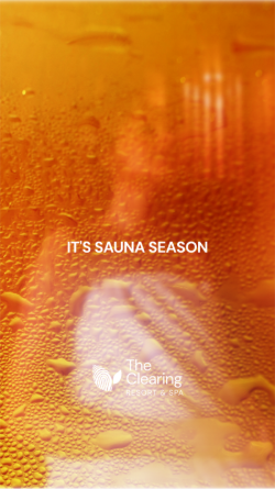 Brown background with a blurred, steamy woman wrapped in a towel and text overlay saying