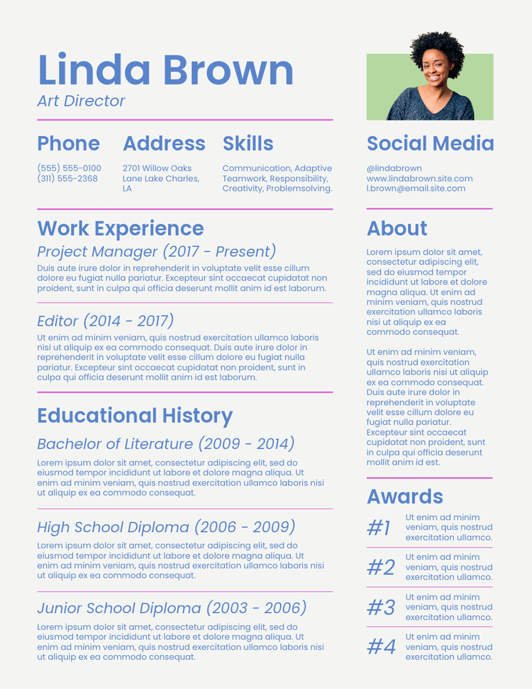 Blue, pink, and beige creative resume for an art director with a sans serif font