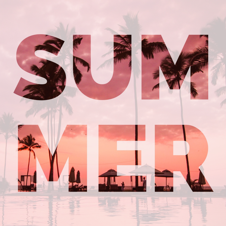 "Summer" Instagram post against a pink sunset background with palm trees, beach umbrellas, and a pool