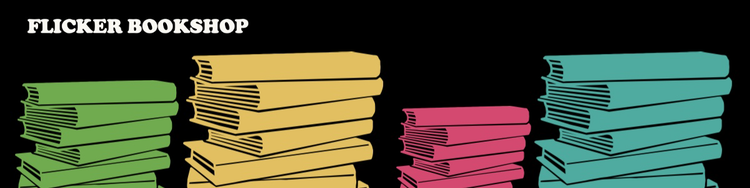 An Etsy banner for Flicker Bookshop with green, yellow, pink, and blue graphics of stacks of books against a black background