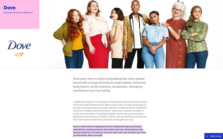 A screenshot of Dove's mission webpage with an image of 7 diverse women posing together