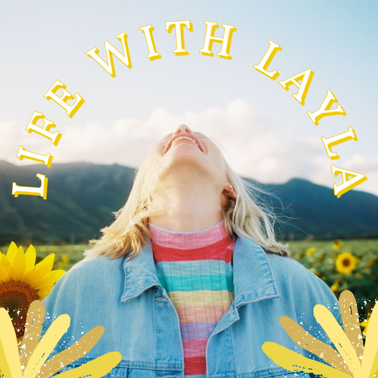 A social media influencer's profile picture – a person in a sunflower field with their head tilted back with "Life with Layla" written above