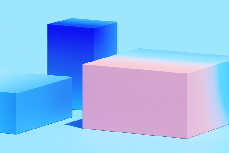 A trio of three-dimensional rectangles arranged in front of a pale blue background. The left rectangle is a lighter blue color, the center-rear rectangle is a cobalt-blue color, and the color of the right rectangle fades in a gradient from a light pink color in the foreground into a pale light blue color toward its rear.