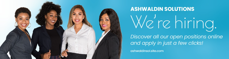 A LinkedIn background photo for Ashwaldin Solutions with an image of 4 employees smiling and the text "we're hiring"