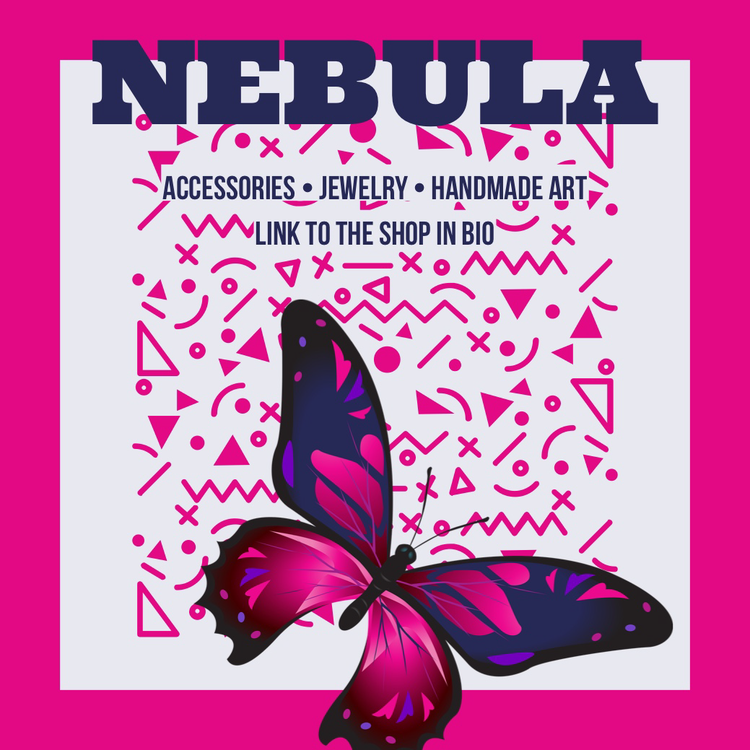 "Nebula – Accessories, Jewelry, Handmade Art" with a graphic of a pink, purple, and black butterfly with design elements in the background