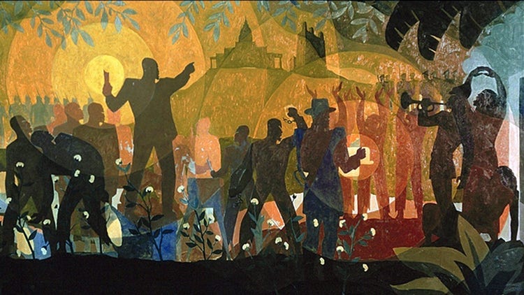 Aaron Douglas' 1934 painting Aspects of Negro Life: From Slavery Through Reconstruction with vegetation and dark silhouettes in the foreground engaged in various activities including pointing, holding a scroll, playing a trumpet. More silhouettes and two buildings on a hill are in the background.