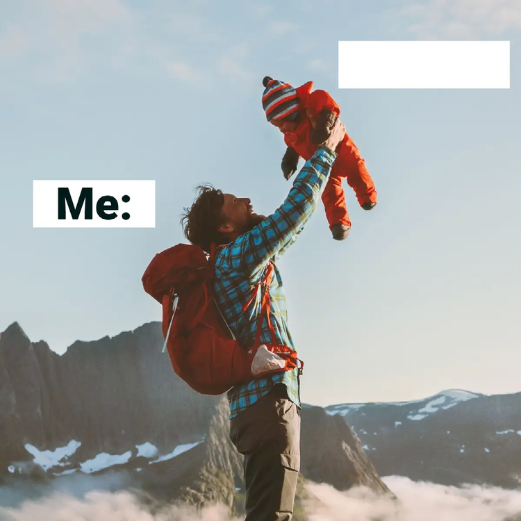 A meme template with a person holding a baby above their head with blank spaces for customization